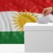 Woman's hand is voting with a waving Kurdistan flag background, 3d illustration