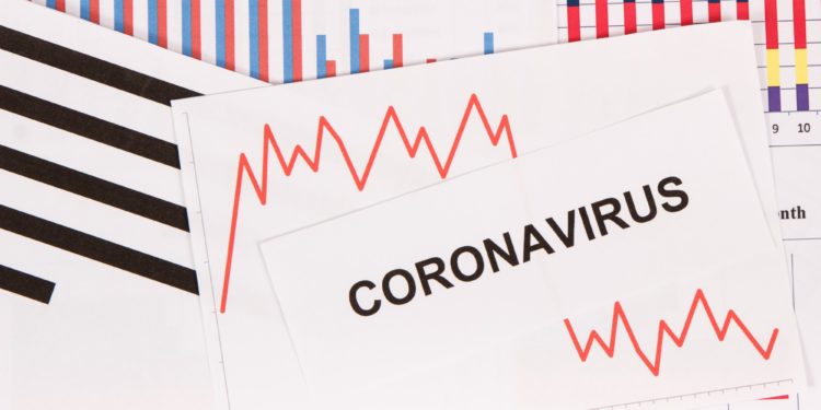 Inscription coronavirus and declining chart as risk of financial crisis caused by virus