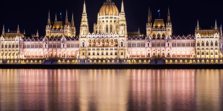 The building of the Budapest Parlament at night from the Buda co
