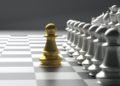 Chess soldier gold and silver chess set on black background. 3d illustration