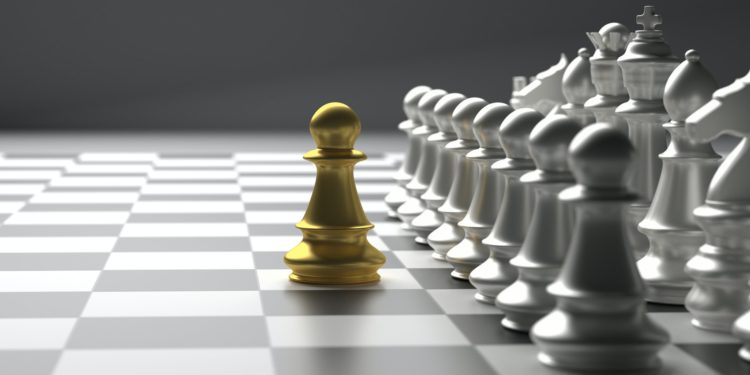 Chess soldier gold and silver chess set on black background. 3d illustration