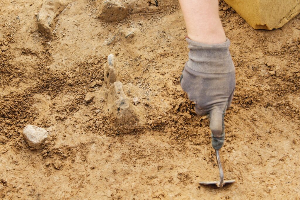 Archeological tools, Archeologist working on site, hand and tool.