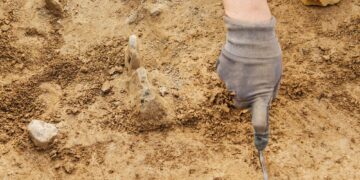 Archeological tools, Archeologist working on site, hand and tool.