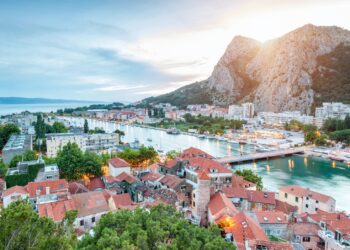 Old coastal town Omis in Croatia at night