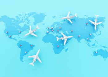 3d Airplanes flying around globe with map pointer.