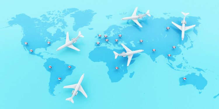 3d Airplanes flying around globe with map pointer.