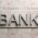 Bank sign on marble background. 3d illustration