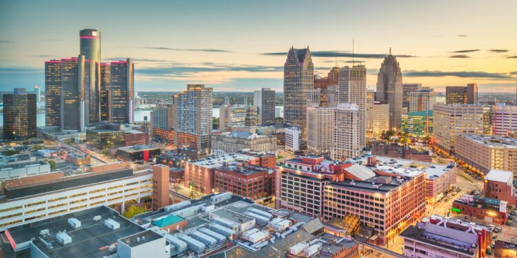 Detroit, Michigan, USA Downtown Skyline at Dusk