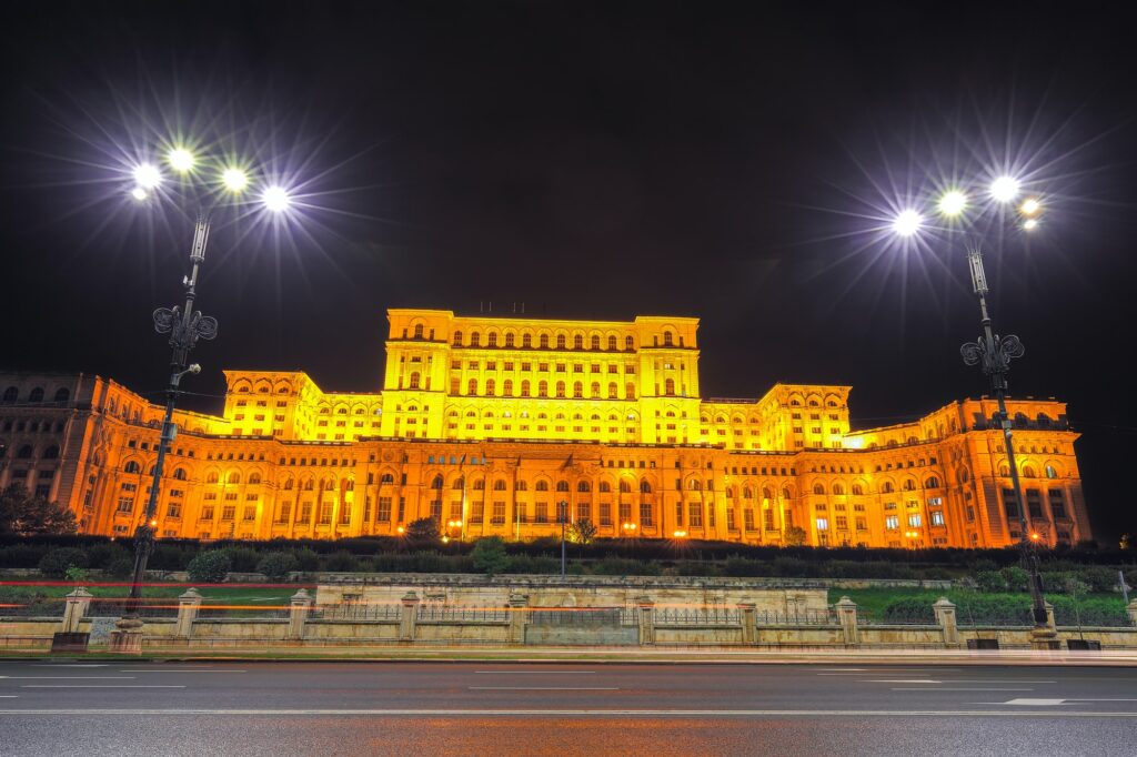 Dramatic evening view of Palace of the Parliament Bucharest city