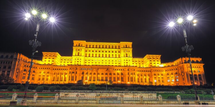Dramatic evening view of Palace of the Parliament Bucharest city
