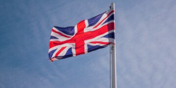 Flag of United Kingdom waiving in the wind