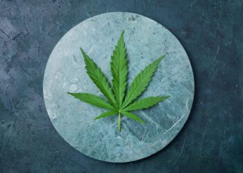 Green hemp leaf on marble background. Top view, copy space. Close up of cannabis leaf