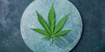 Green hemp leaf on marble background. Top view, copy space. Close up of cannabis leaf