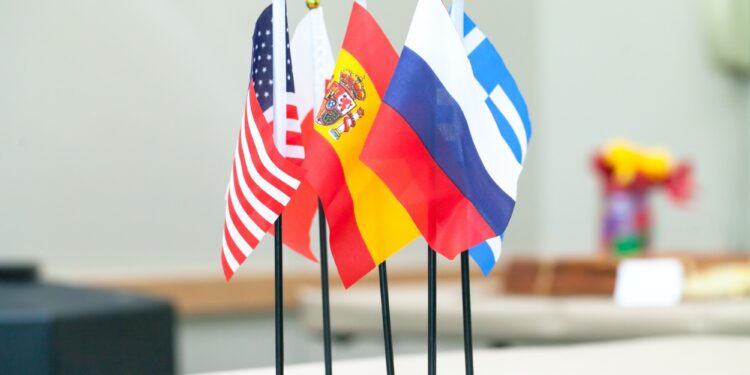International colored flags . State flags of US, Spanish,Poland,Greece, and the Russia