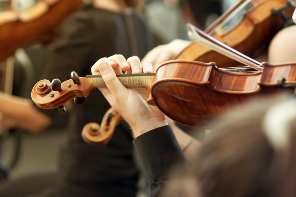 Member of classical music orchestra playing violin on a concert
