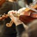 Member of classical music orchestra playing violin on a concert