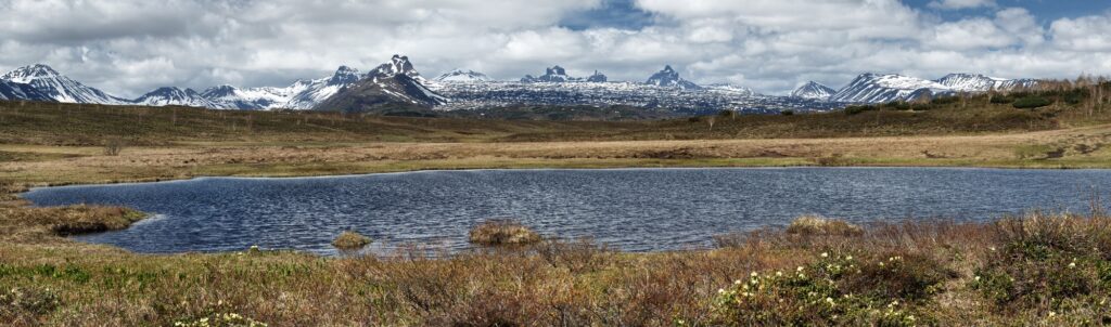 Spring Landscape of Kamchatka Peninsula: Panoramic view of Mountain Lake