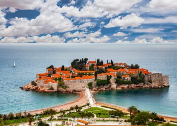 Sveti Stefan island in Budva in a beautiful summer day, Montenegro
