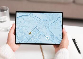 Taxi Service App. Woman Holding Digital Tablet, Tracking Cab Geolocation On Map