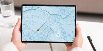 Taxi Service App. Woman Holding Digital Tablet, Tracking Cab Geolocation On Map