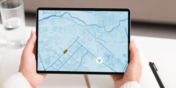 Taxi Service App. Woman Holding Digital Tablet, Tracking Cab Geolocation On Map
