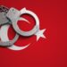 Turkey flag and police handcuffs. The concept of crime and offenses in the country.