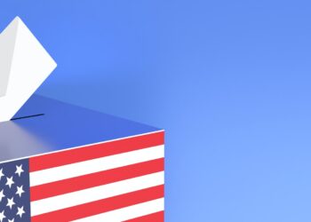 US election. USA flag ballot box and envelope on blue background. 3d illustration