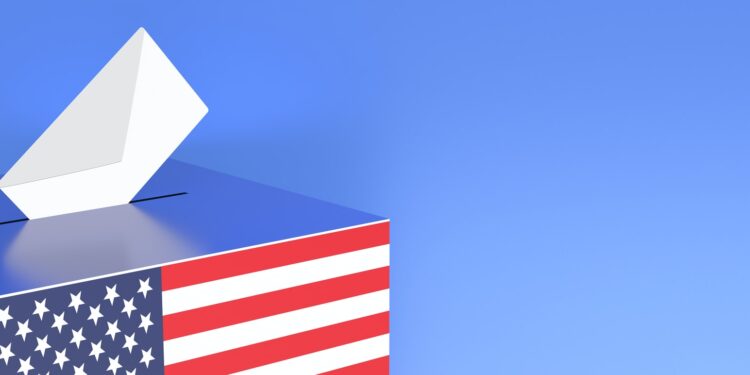 US election. USA flag ballot box and envelope on blue background. 3d illustration