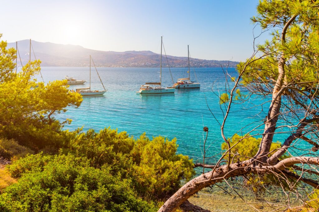 View of an emerald and transparent mediterranean sea with yachts