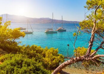 View of an emerald and transparent mediterranean sea with yachts