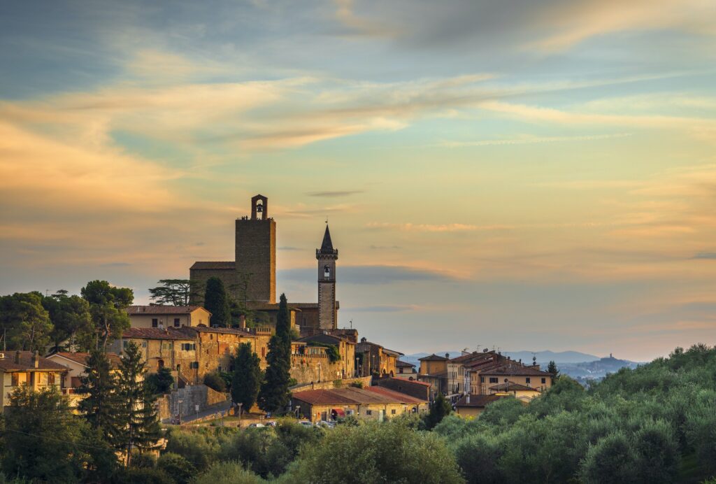 Vinci, Leonardo birthplace, view and bell tower of the church. Florence, Tuscany Italy