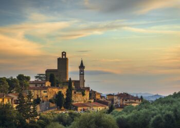 Vinci, Leonardo birthplace, view and bell tower of the church. Florence, Tuscany Italy