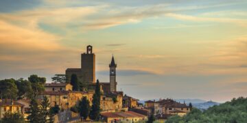 Vinci, Leonardo birthplace, view and bell tower of the church. Florence, Tuscany Italy